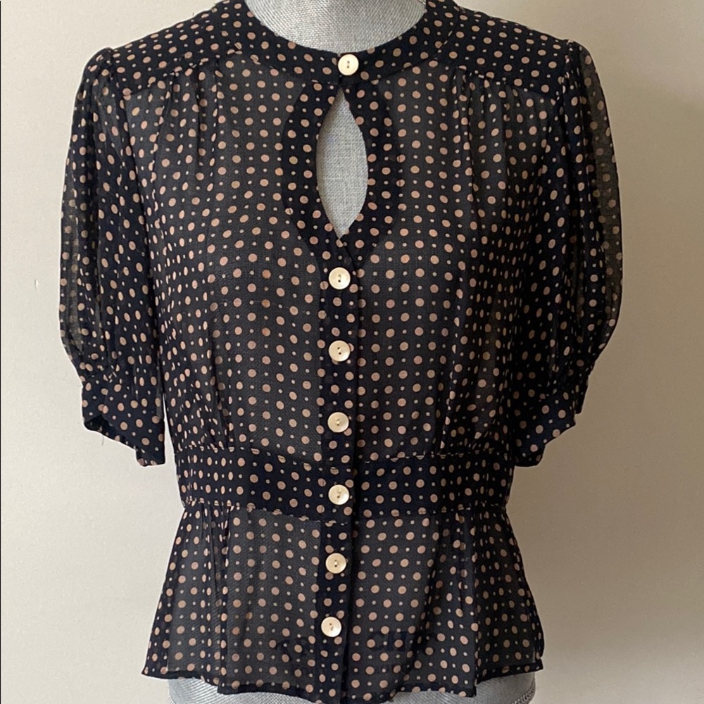 Nanette Lepore Black and Tan Polka Dot Puff Sleeve Peplum Blouse